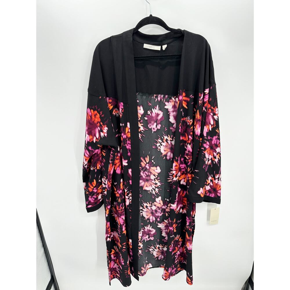 Sejour Black Floral Open Front Cardigan Long Line‎ Women 2X NWT Feminine